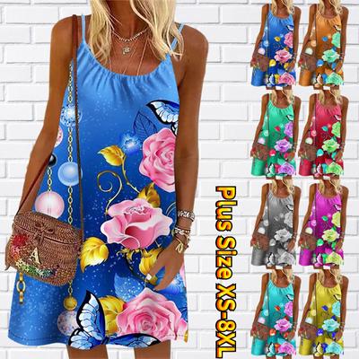 Women Flower Three Beautiful Roses Printed Mini Dress Sleeveless Party Dress Summer Beach Dress Sundress