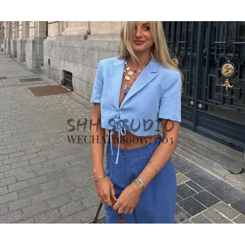 Spring New Versitile Fashion V-neck Short sleeve with Shoulder Pad Bowknot Decoration Short Blazers 8338711