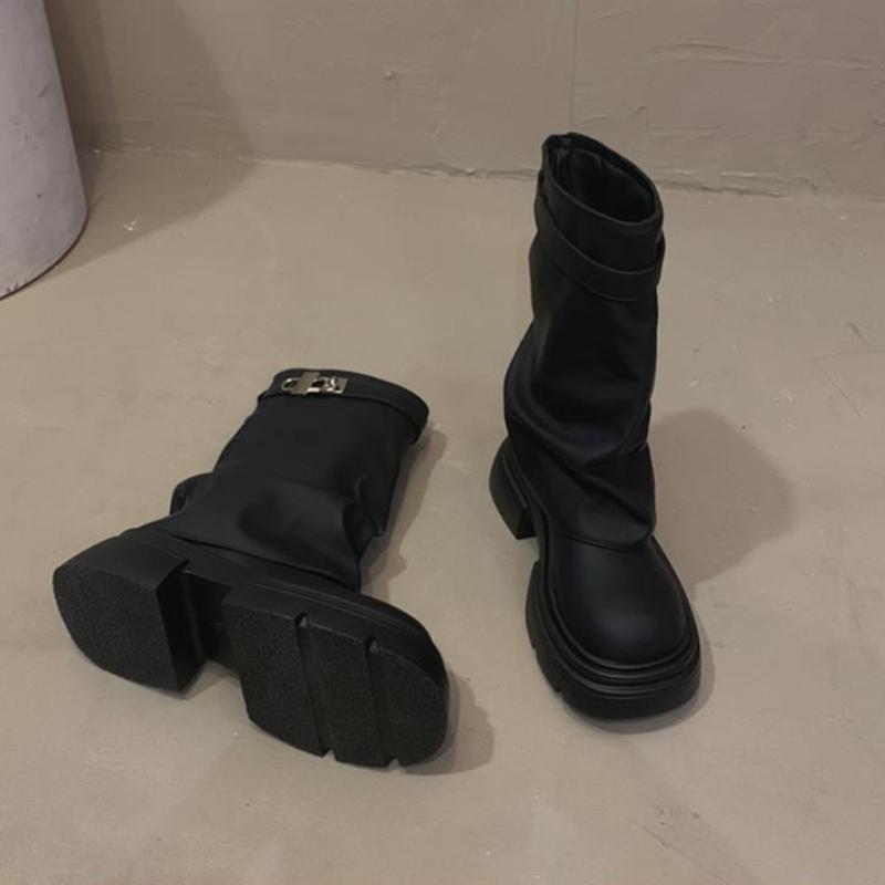 Fashion Platform Leather Round Toe Women's Half High Boots Spring Autumn Trend 2025 Designer Luxury Ladies Mid Calf Shoes On Promotion