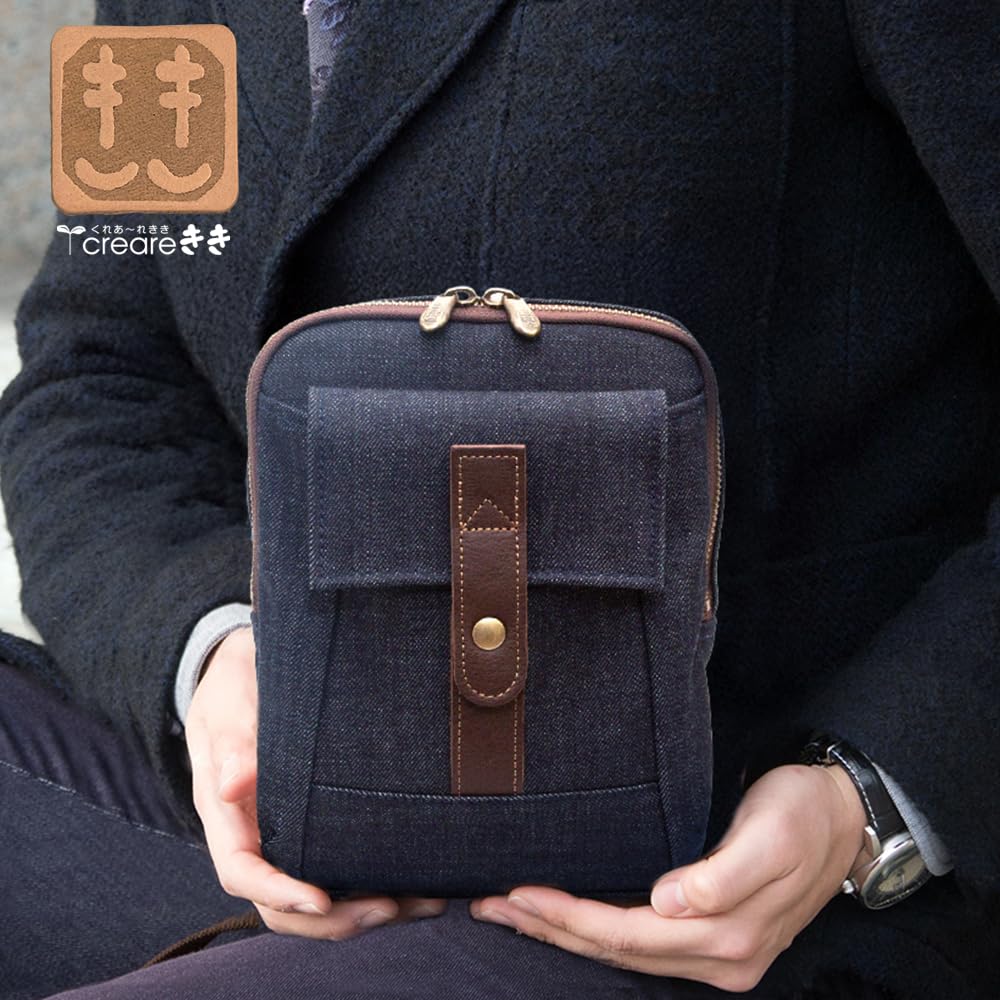 creare Kiki Men's Shoulder Bag, Okayama Denim, Slim Smartphone and Gadget Shoulder Bag, Made in Japan, Perfect Birthday Gift for Dad, Dom-009 (Solid