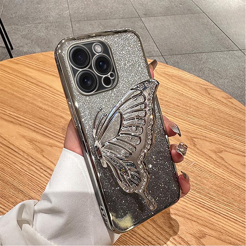 Suitable for IPhone15 Mobile Phone Case Silicone Case Quicksand Butterfly Stand Apple 16Promax Glitter 13/14