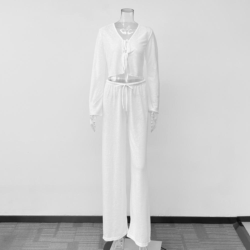 Popular summer French casual vacation style suit V-neck waist lace-up top trousers loungewear S белый