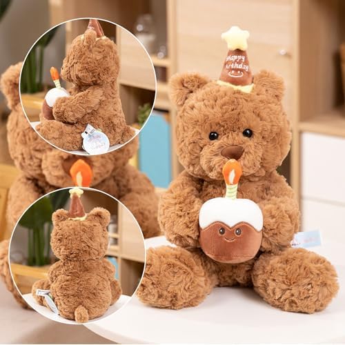Happy Birthday Teddy Bear Plush Toy 30cm with Cake & Hat, Cuddly Stuffed Animal for Kids Adults Christmas Birthday Party Gift