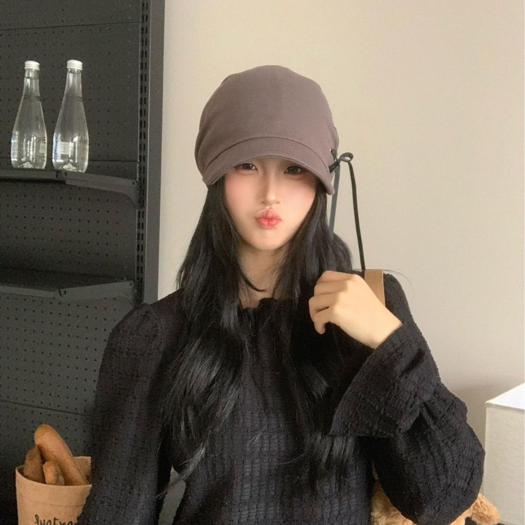 Short Brim Forward Hat Female Retro Soft Top Drawstring Beret Japanese Street Stacking Hat Showing Face Small Versatile Newsboy Hat