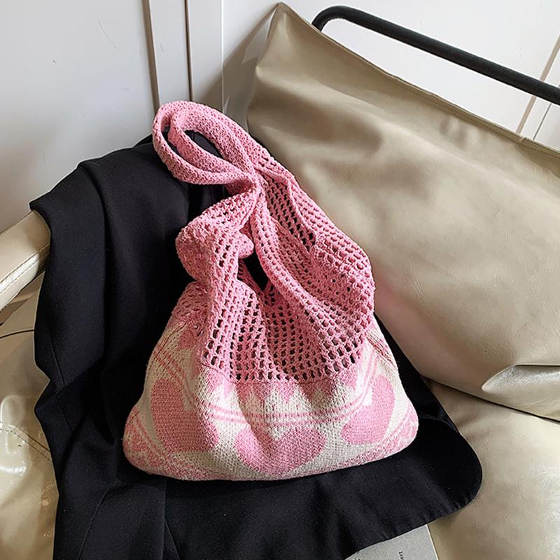 

Yogodlns Модная вязаная крючком сумка ручной работы в стиле бохо, ажурная вязаная сумка-тоут большой вместимости для отдыха, плечевая сумка из плетеной ткани для женщин 38x2x50cm розовый