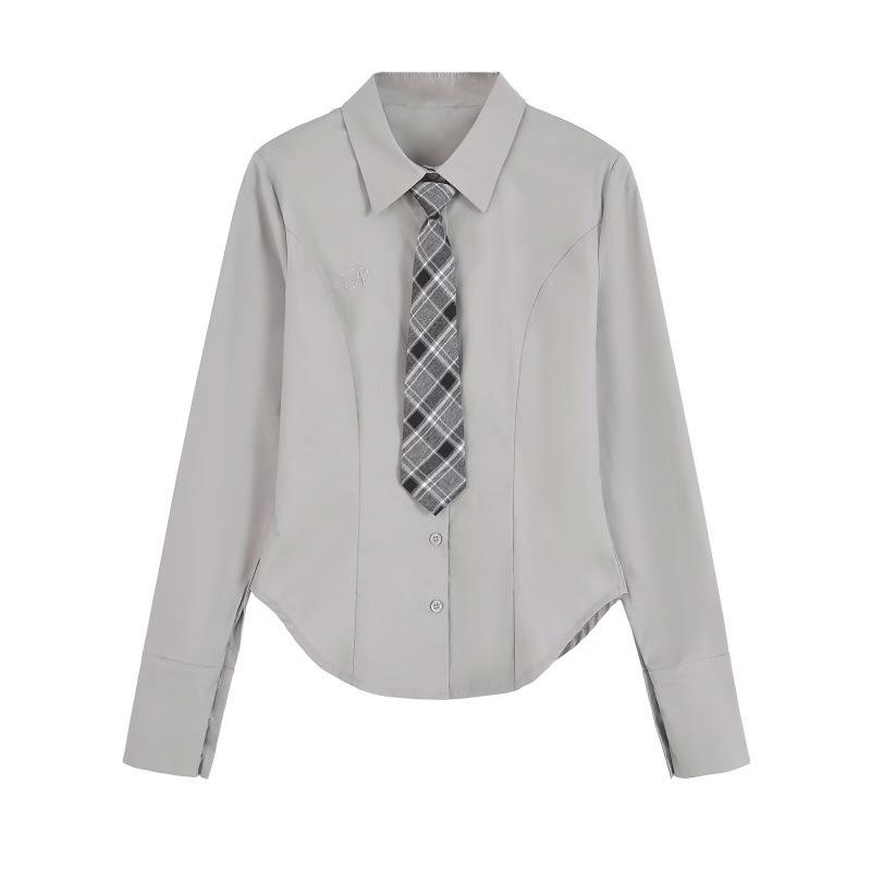 Women's American College Style Slim-Fit Embroidered Shirt with Tie Waist and Curved Hem