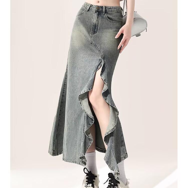 

Women s Retro High-Waist Lace Fishtail Denim Midi Skirt S: 155-165cm (75-90 jin)