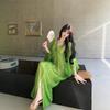 Loose, Lazy Romantic Green Long Dress, Summer New Lightweight Sheer Vacation Beach Dress, Tie Dress