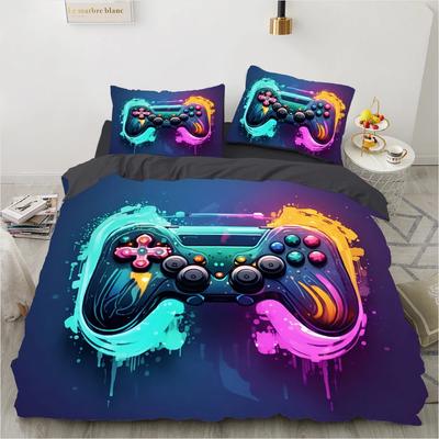 2/3 Piece Retro Gamer Comforter/Quilt Cover Set Digital Duvet Cover Set Black Gamepad Gaming Nenon Game Joystick Bedding Set