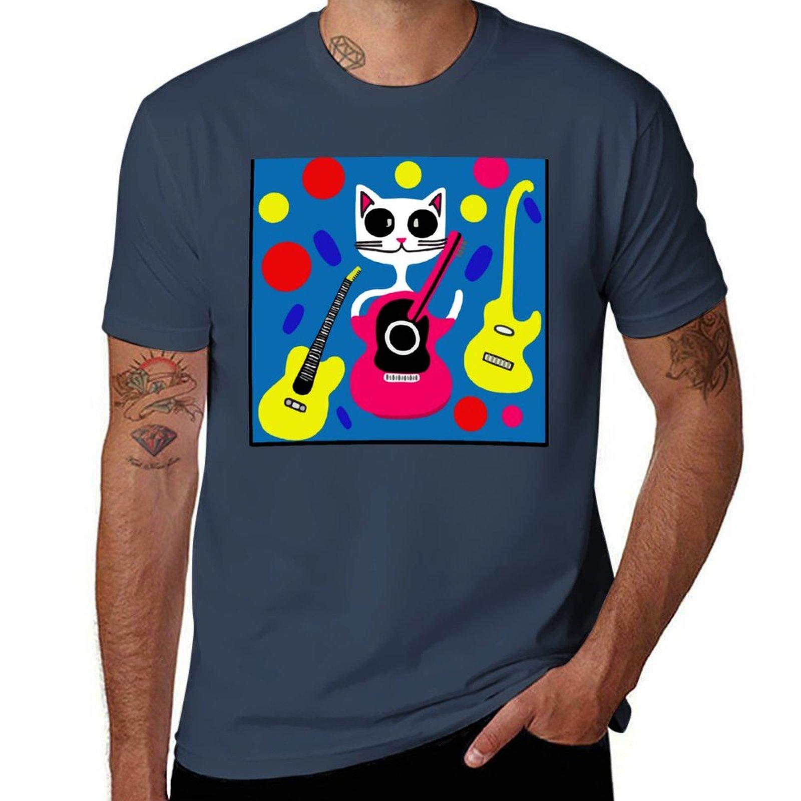White Cat Guitar Rocker TShirt Basic Solid Color Casual Tee Shirt S