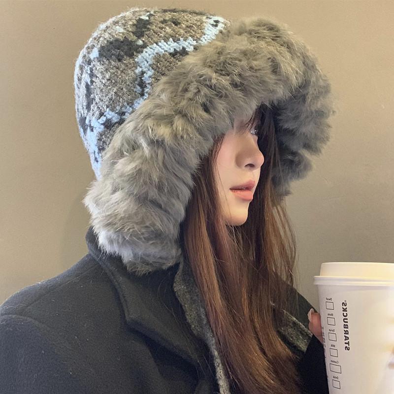 

Rabbit Fur Knit Hat For Women Winter Insulated Warm Ear Protector Trendy Casual Gray