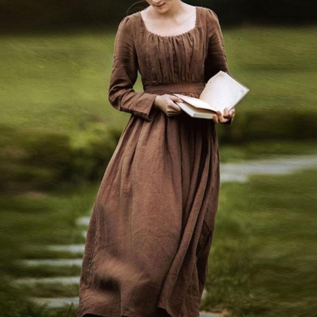 Women's Fashion Elegant Literature Retro Red Coffee Square Collar Dress