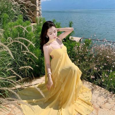 Premium French Seaside Vacation Super Fairy Girl Greek Suspender Chiffon Temperament Dress, Color
