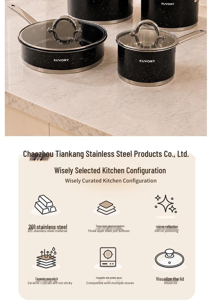 5-Piece Stainless Steel Cookware Set: Non-Stick Soup Pot, Frying Pan, and Milk Pot