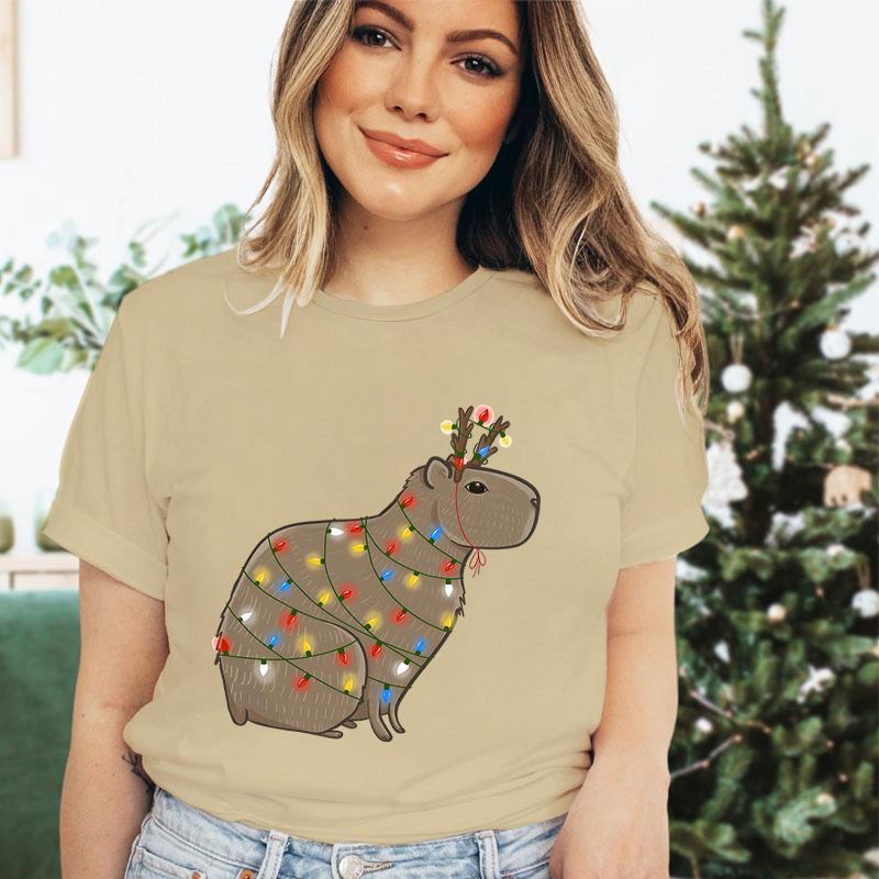 Womens Christmas Tshirt Funny Capybaras Lights Design Festive Crew Neck Girls Clothing Merry Christmas Capybara Cartoon Tshirt