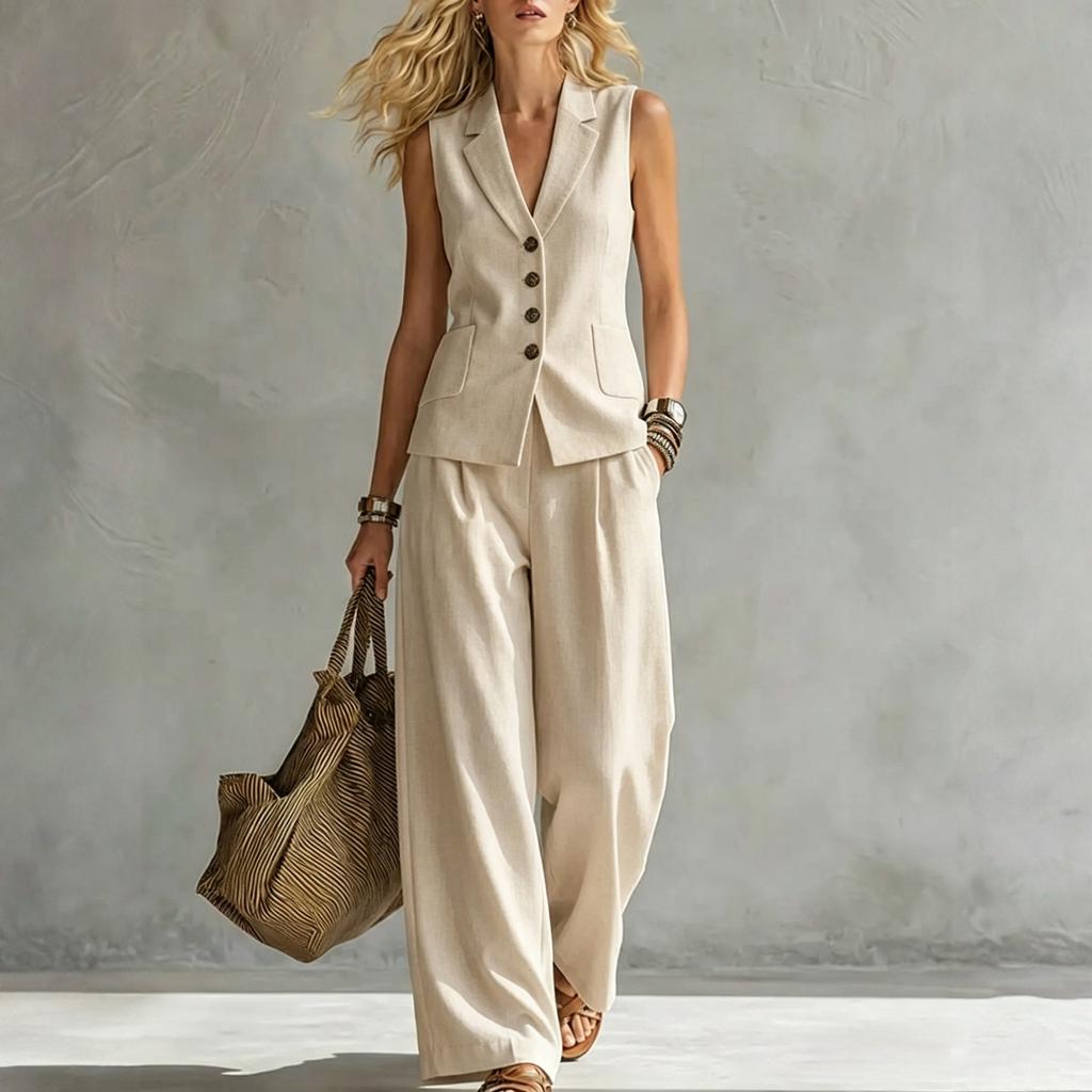 Women's Sleeveless Linen Vest and Wide Leg Pants Set Casual Summer Outfit Lightweight Breathable Fabric Relaxed Fit Two Piece