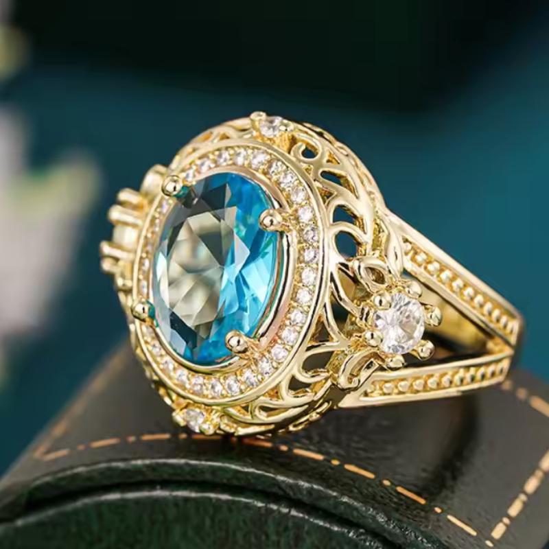 Klassisk Elegant Ring för Kvinnor Fest Bröllop Lyxiga Fingeraccessoarer Guld Färg Delikat Zirkon Inlagd Glänsande Blå