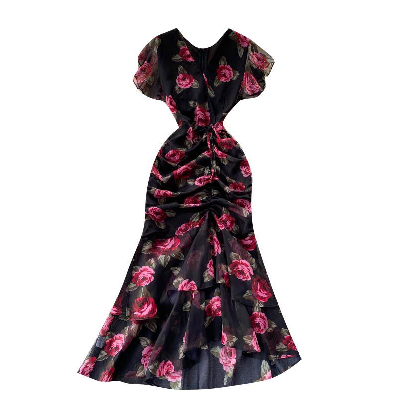 Printed Dress Temperament Ruffle Fishtail Gowns Women's Dress