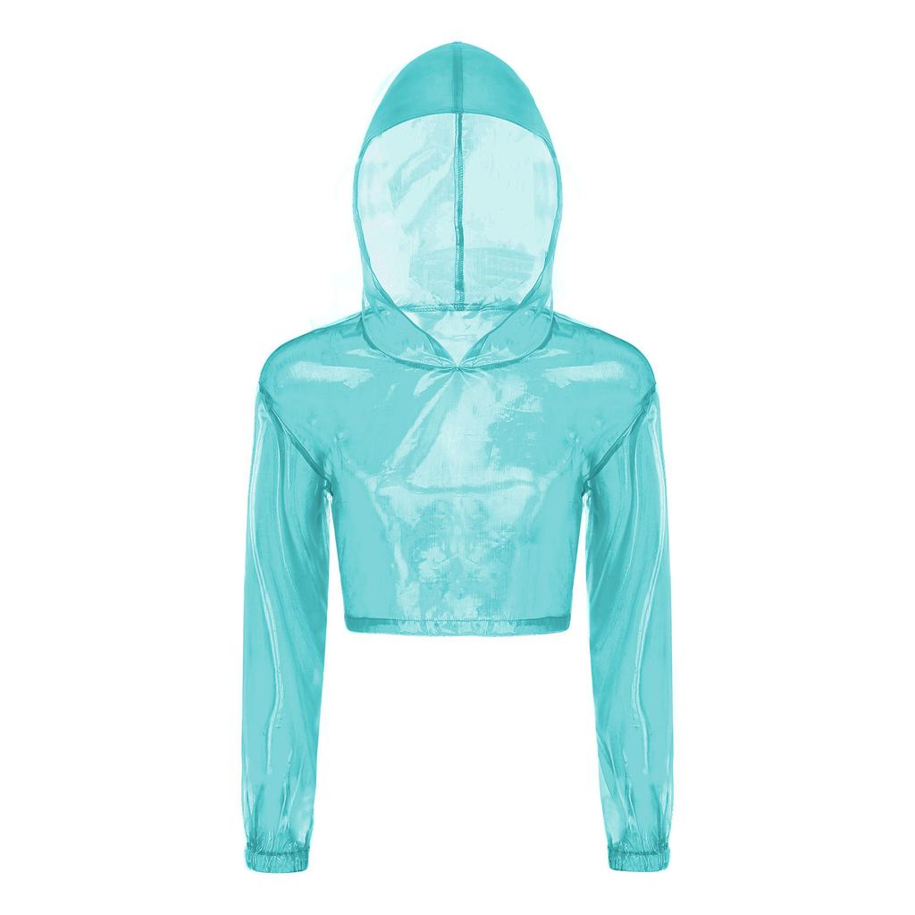 Womens Sparkly Sheer Top Hooded Long Sleeve Cropped Design Loose Fit Tops Club Rave Party