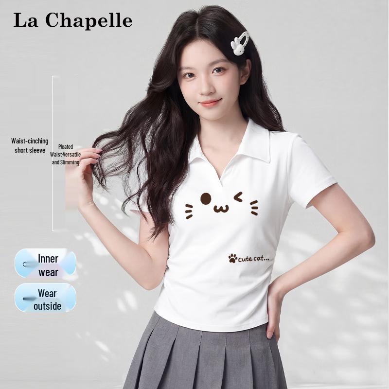 La Chapelle Women s Sweet Collared T-Shirt with Cat Print M