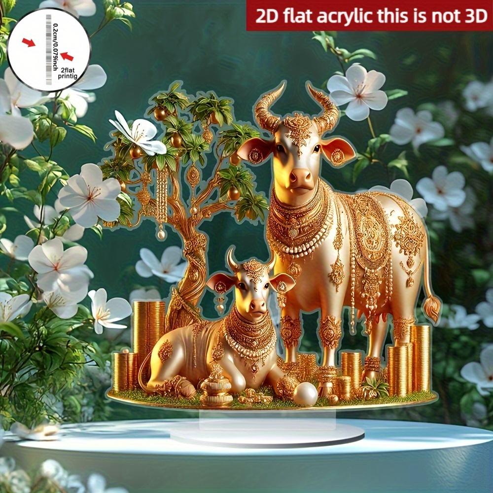2D Flat Acrylic Statue, Boho Style Cow & Calf With Stand, Tabletop Decor For Home Office Cafe, Unique Animal Collectible