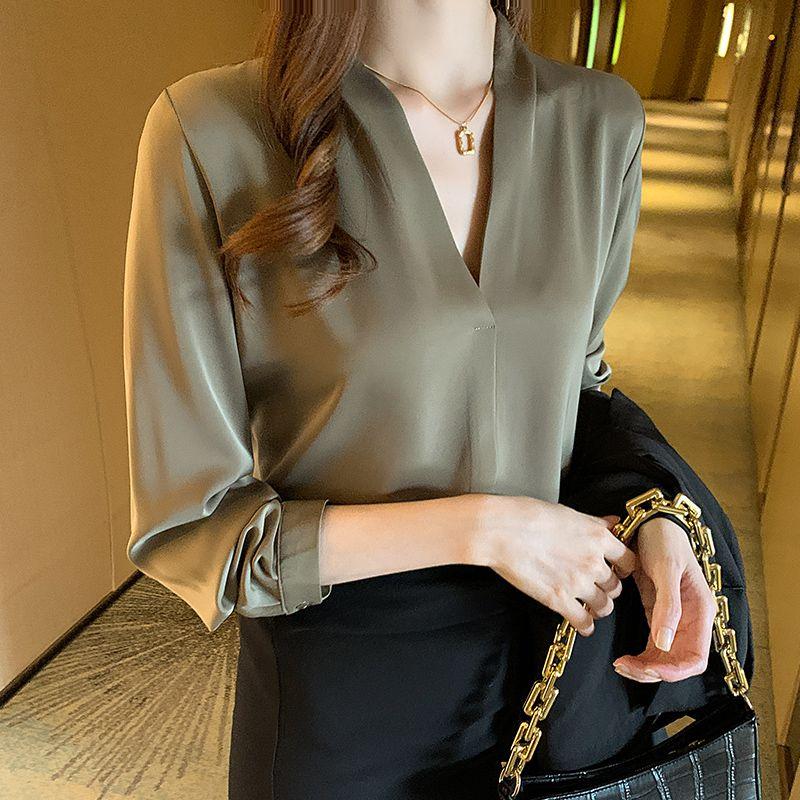 

Fashion Style Spring and Autumn Work Clothing Ol Business Wear V-neck Slimming Pure Color All-Matching Fashion Long Sleeve Shirt Top Women Khaki 2XL