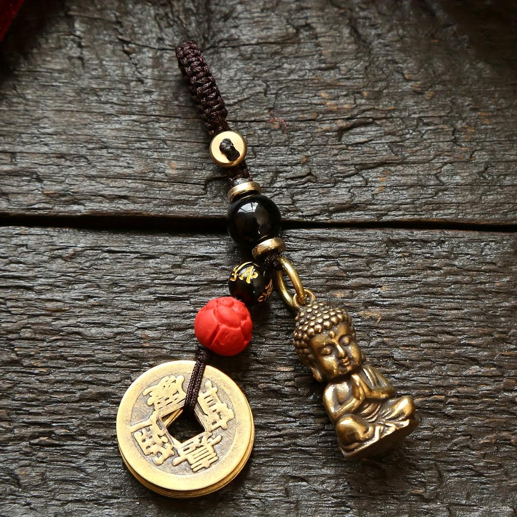 Vintage Bronze Copper Alloy Keychain with Buddha Pendants, Unplated Precious Metal Charm, Non-Textile Weaving, Car Keyring for Men and Women