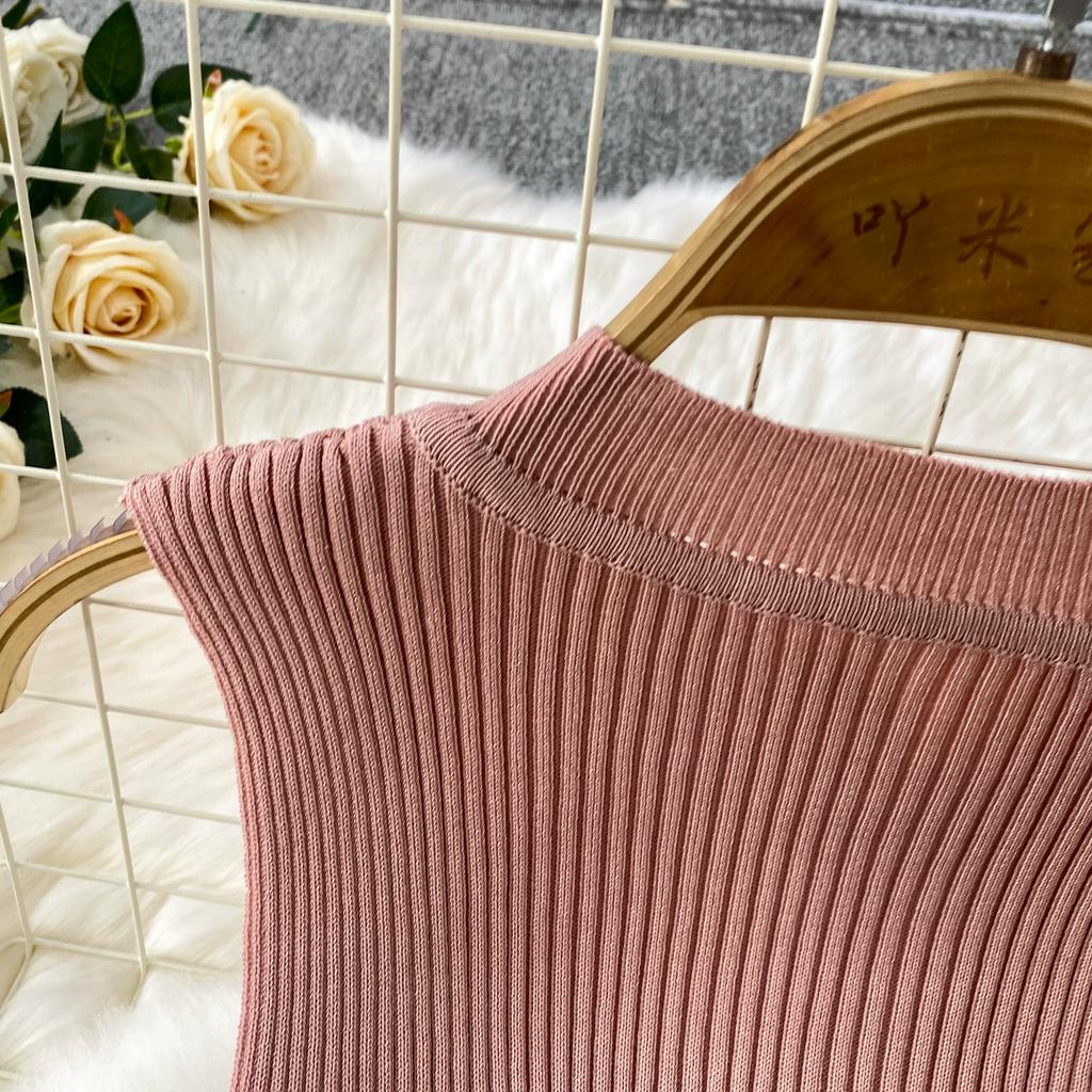 Summer Women Sleeveless Single Breasted Office Work Knitted Sweater Sheath Dresses with Belt