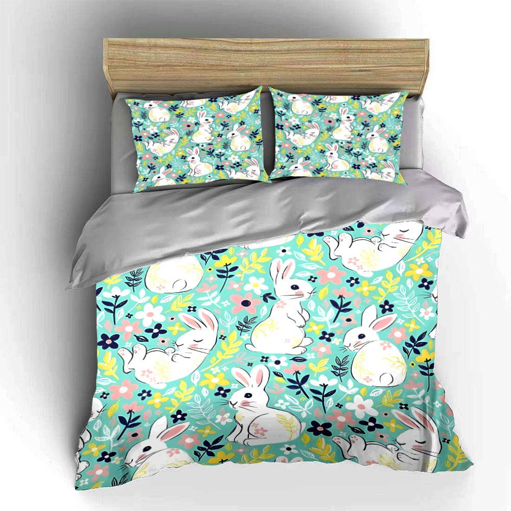 Cute Rabbits And Floral Pattern Printed Duvet Cover Set1 Duvet Cover+2 Pillowcasemulti Size Bedroom Bedding Decor Luxury Gifts