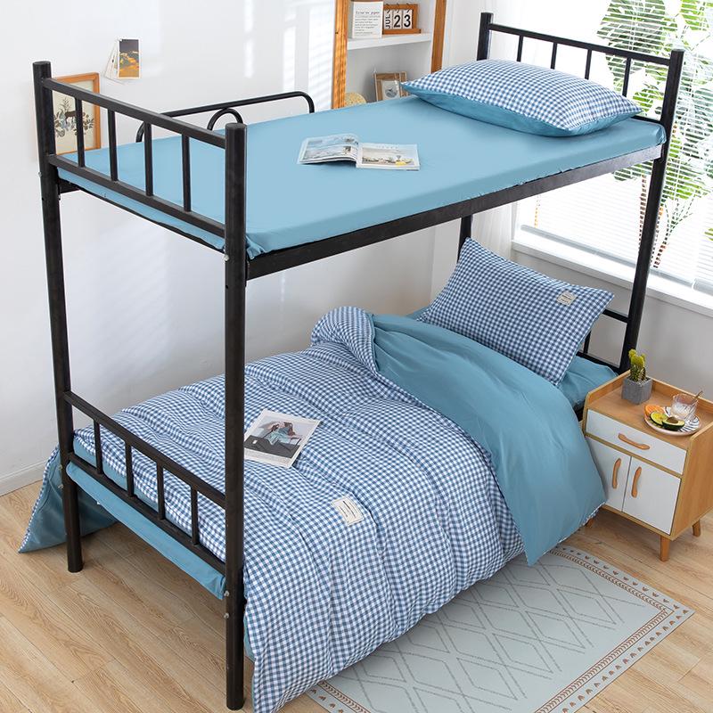 Muji Style Washed Cotton Three-Piece Duvet Cover Set for Dorm Bunk Beds 1.2m Single Fitted Sheet синий мелкая клетка