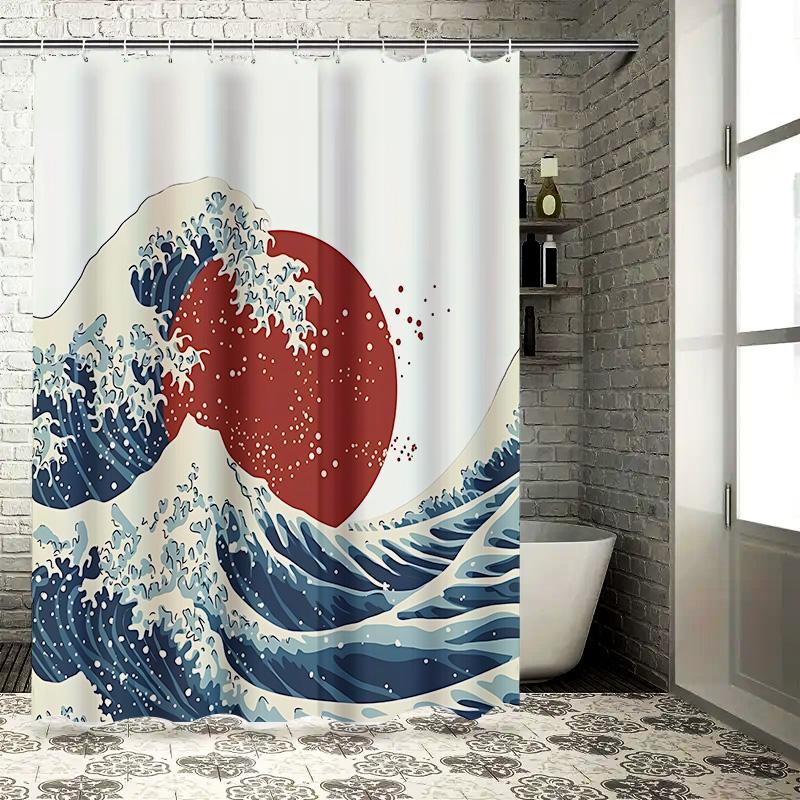 Die große Welle vor Kanagawa Duschvorhang Japanischer Stil Badezimmerdeko Kunstdruck Wasserdichter Polyesterstoff Badvorhang