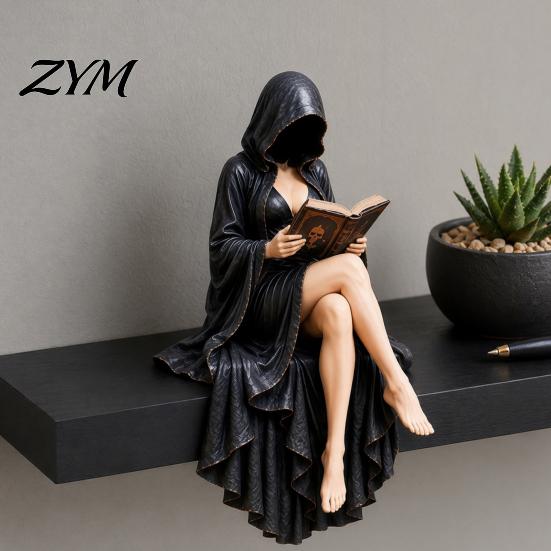 Dark Academy Home Decor Gothic Reader Statue, Hooded Skeleton Resin Figurine, Sitting Book Statue Literary for Bookshelf, Desk Library Study,