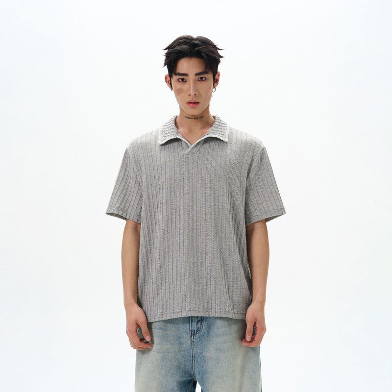 Kisko Simple High Sense of Knowledge Hand Sewing Patchwork Polo Lapel Short Sleeve T-shirt Men and Women Cleanfit Texture Top