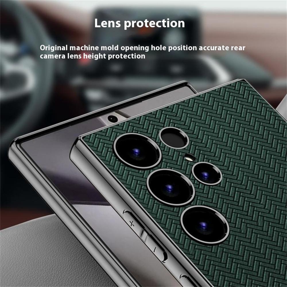 For Samsung Galaxy S24 Ultra Case Woven Pattern Electroplating TPU+PC+PU Phone Back Cover