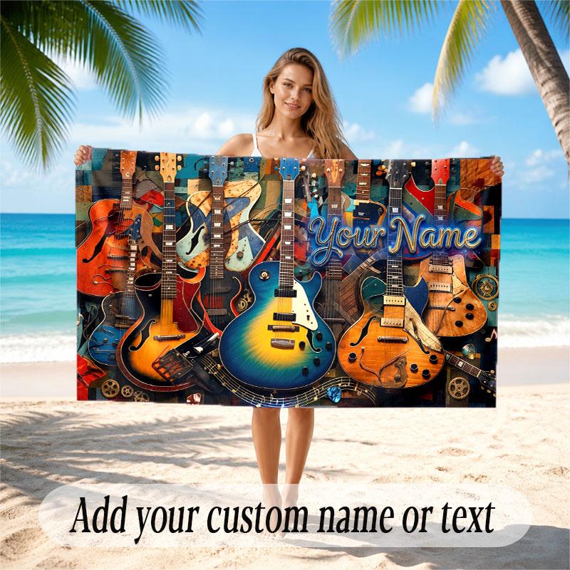 Music Guitar Theme Beach Towel Personalized Custom Name & Text Soft Quick Dry Beach Towel for Swimming Travel