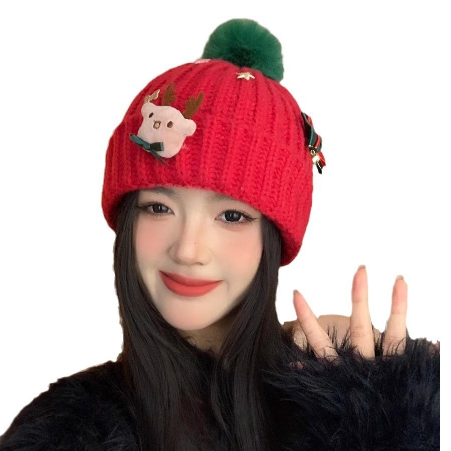 Red Christmas Woolen Hat Autumn and Winter Korean Style Versatile Face Showing Small Knitted Hat Big Head Warm Hat Women
