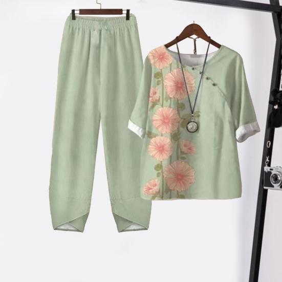 2 Stück/Set Bluse Hose Rundhals Halbarm Knopf Elastische Taille Lässig Täglich