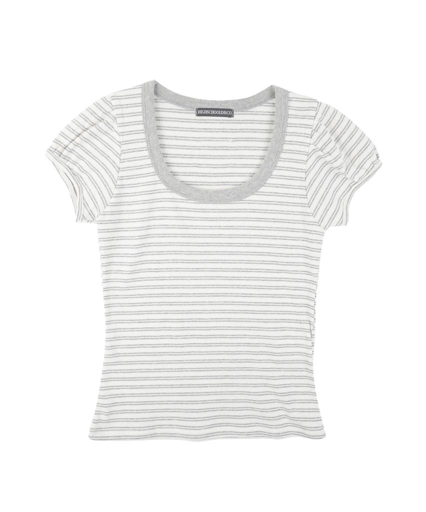 HIGH SCHOOL DISCO Striped Ribbon Puff Sleeve Short Sleeve_Melange Gray