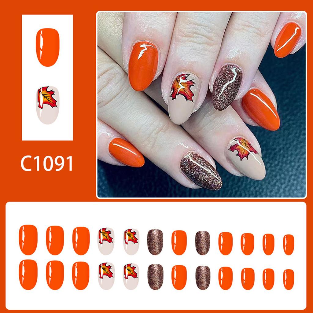 Fall Maple Leaf Press On Nails Almond Fake Nails with Glitter Design Thanksgiving False Nails Autumn Stick On Nails