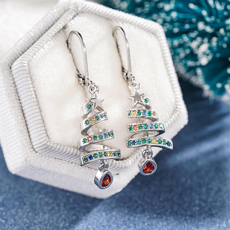 Huitan Women Elegant Christmas Tree Drop Earrings Winter Festival Lady Charming Accessories Inlaid Shiny CZ Chic Jewelry Gift