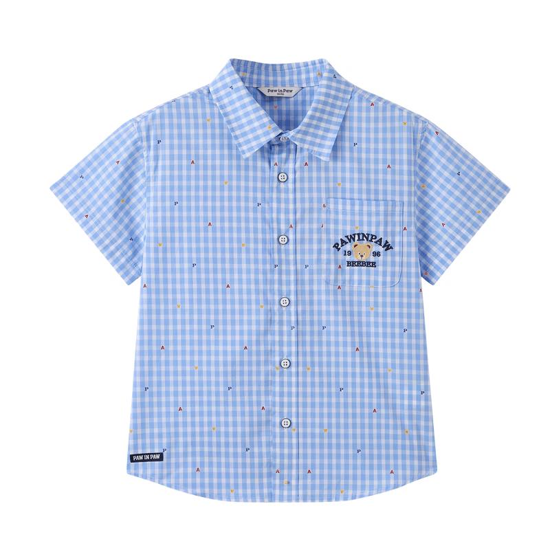 PawinPaw Boys Loose Fit Blue Plaid Short Sleeve Shirt 120