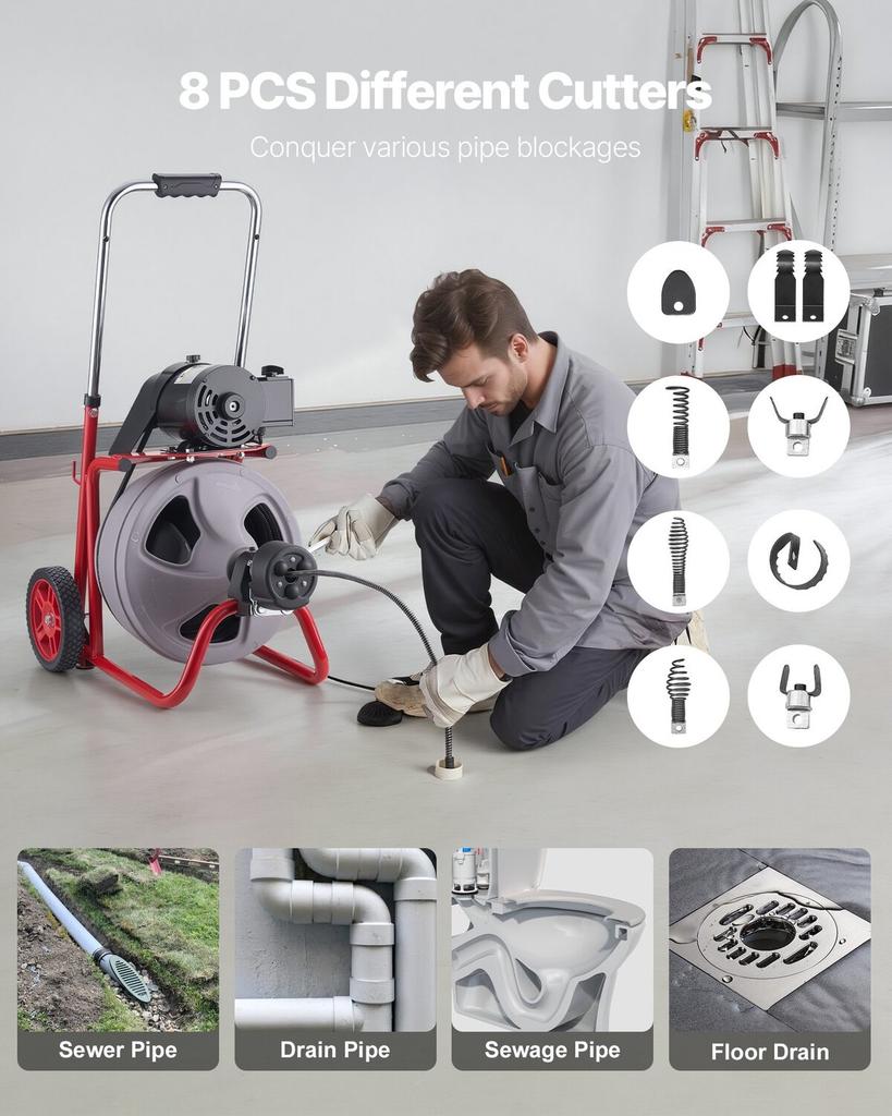 Drain Cleaner Machine 30m X 9.5mm, Auto Feed Sewer Snake Drain Auger On Wheels, Portable Drain Cleaning Machine with 8 Cutters & Air-Activated Foot