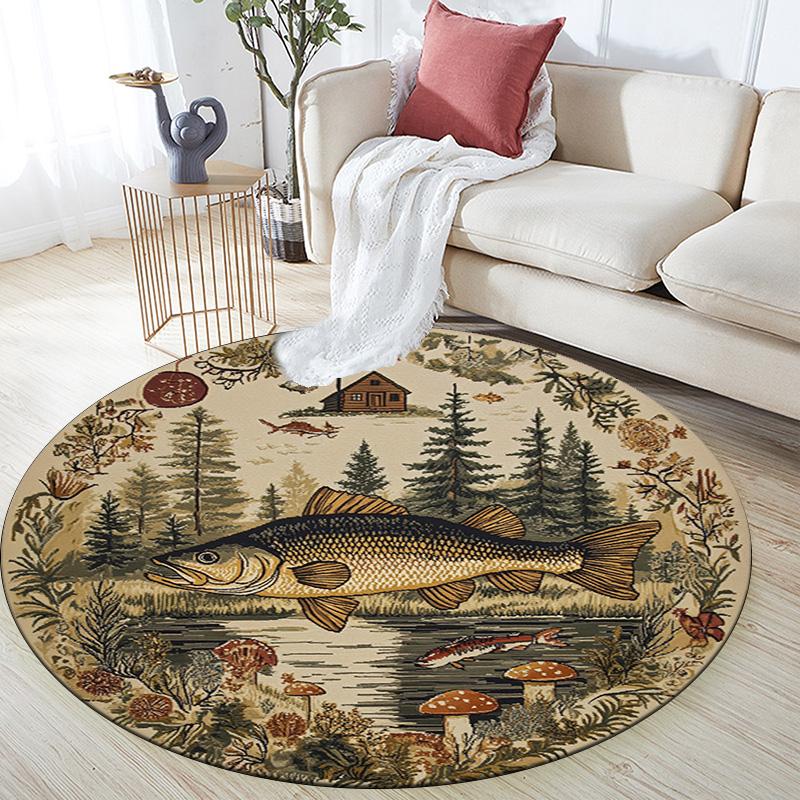 Fish Lake Round Area Rug,Carpet Rug for Living Room Bedroom Sofa Playroom Decor,Non-slip Floor Mat