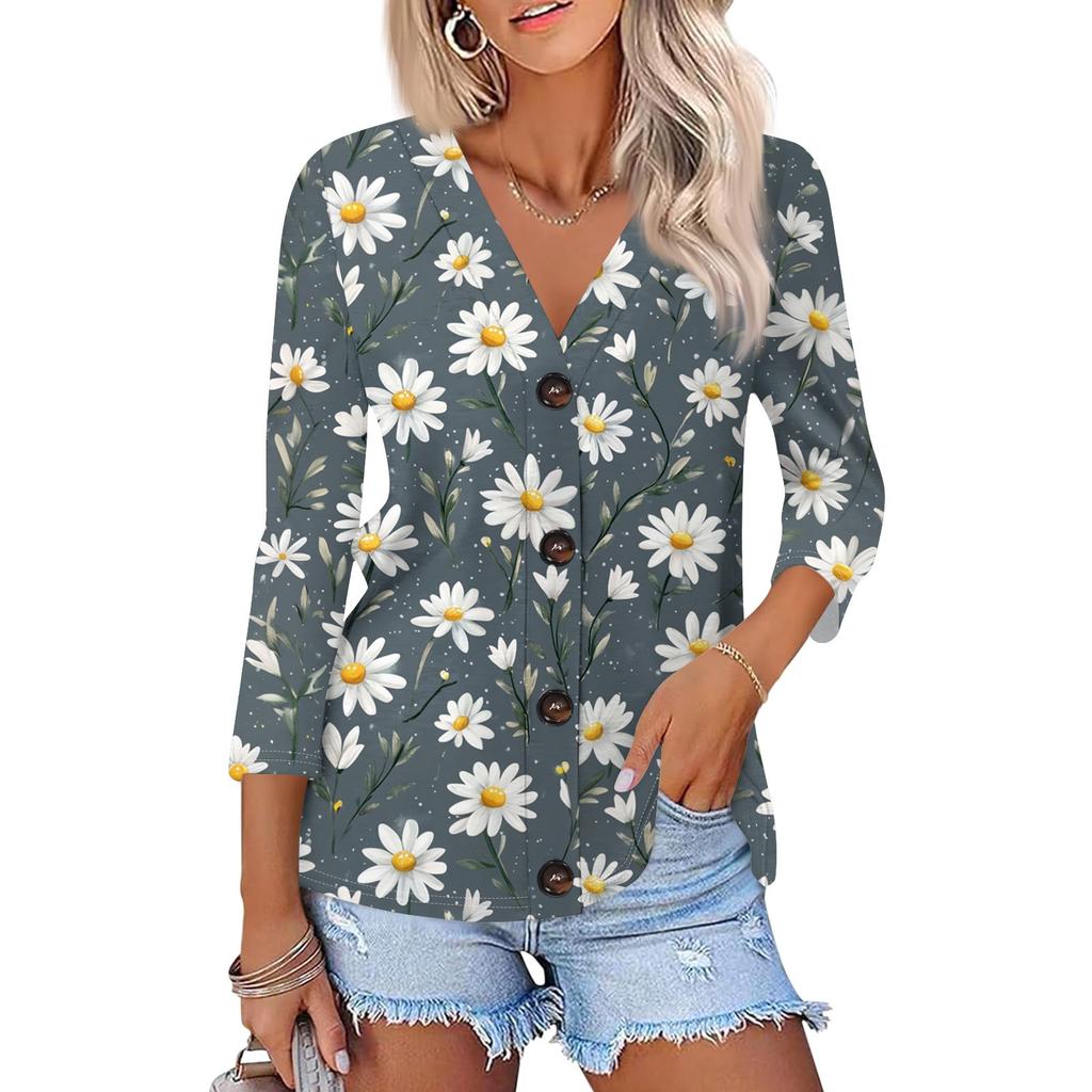 Women's Fashion Casual Print Button-down Shirt 3/4 Long Sleeve Tops