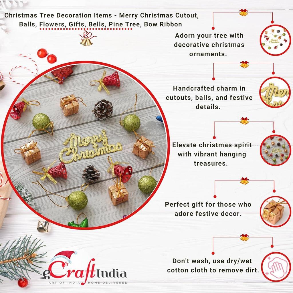 Christmas Tree Decoration Items Merry Xmas Cutout Flowers Gifts Bells Balls (Pack of 15) Hanging Ornaments Props Christmas Decorations