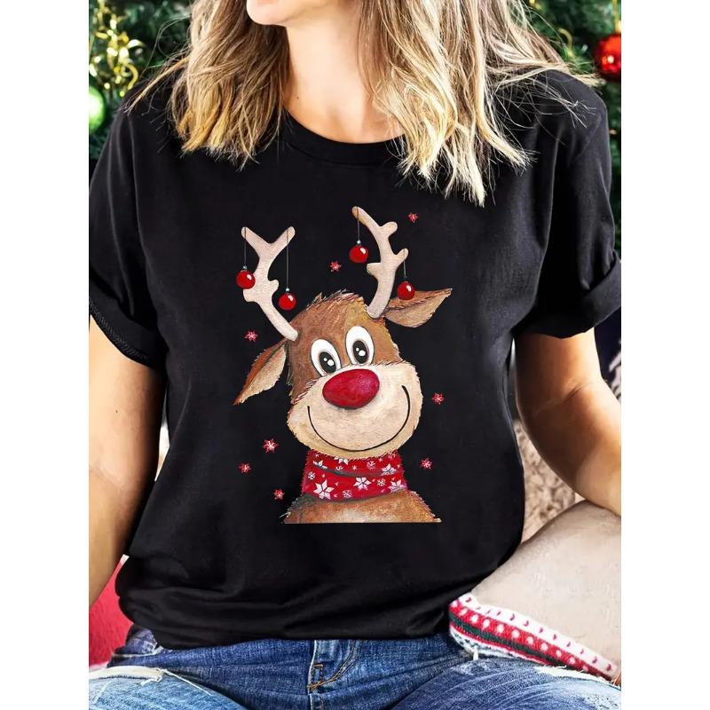 Summer Christmas Printed Women's Loose Casual Round Neck Pure Cotton Short Sleeved T-Shirts Women’s