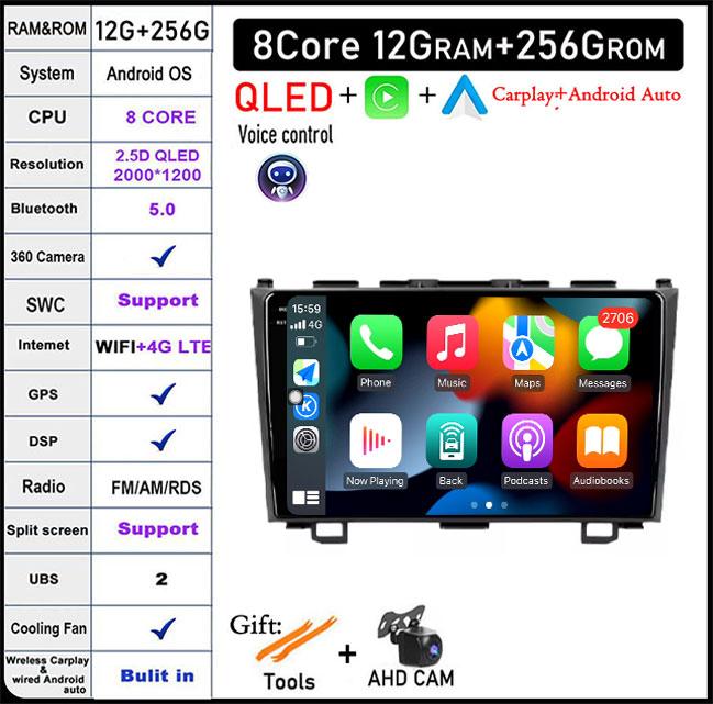 9 Lnch Android 14 For Honda CRV CR-V 3 RE 2006-2012 Car Radio GPS Navigation Multimedia Player Stereo Head Unit QLED Screen