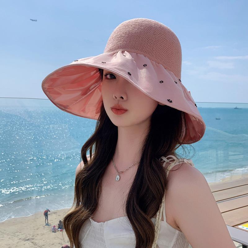 Color glue hat women's mesh bucket hat bow sunscreen sun hat summer mesh breathable sun hat
