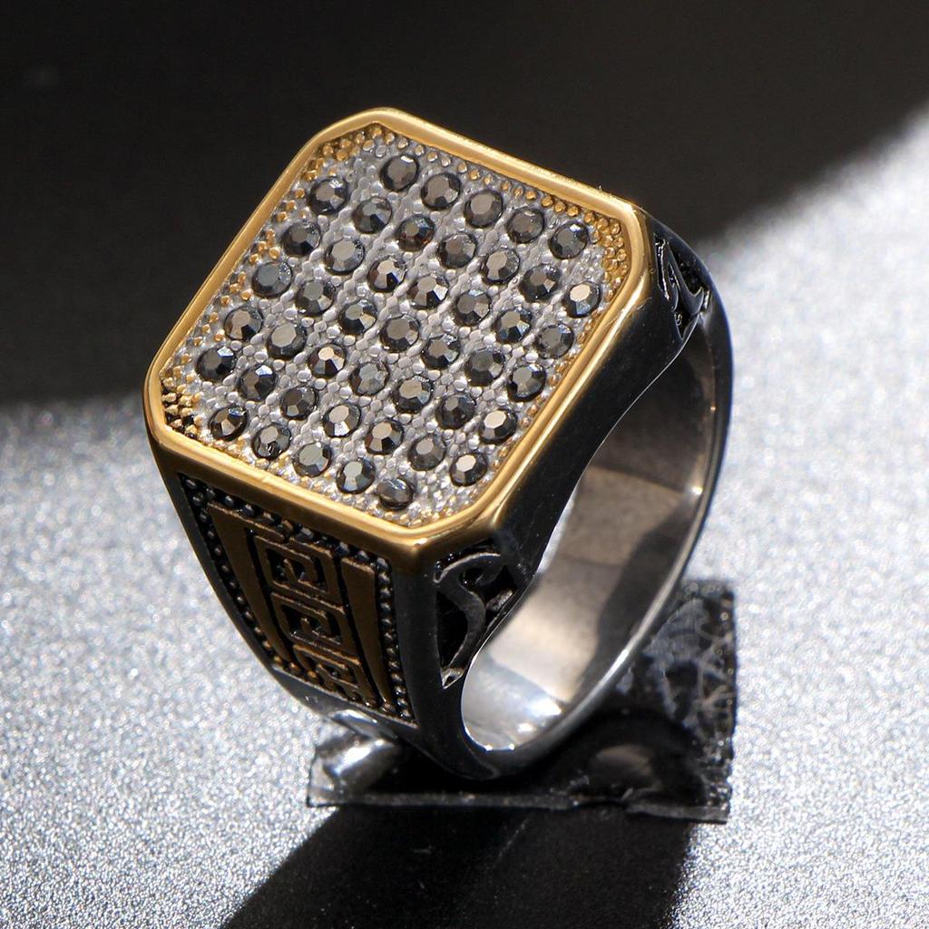 LNCHRAN Men's Retro Two-Tone Ring with Black Synthetic Zirconia, 304 Stainless Steel Square Design