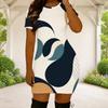 Women Plus Size Round Neck Short Sleeve Black White Printed Fitted Mini Dress